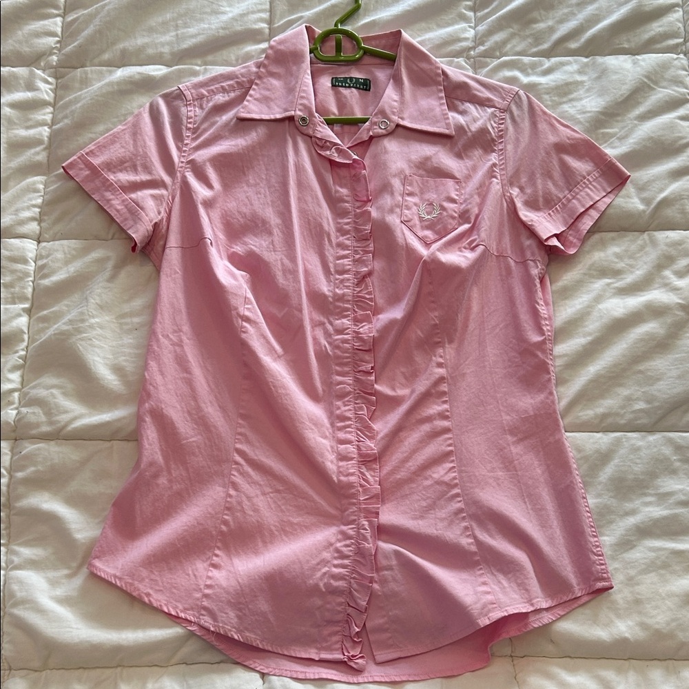 Fred Perry Pink Short Sleeve Button-Up Shirt with Ruffle Detail